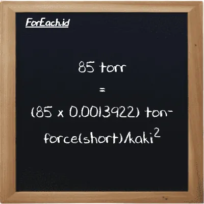 Cara konversi torr ke ton-force(short)/kaki<sup>2</sup> (torr ke tf/ft<sup>2</sup>): 85 torr (torr) setara dengan 85 dikalikan dengan 0.0013922 ton-force(short)/kaki<sup>2</sup> (tf/ft<sup>2</sup>)